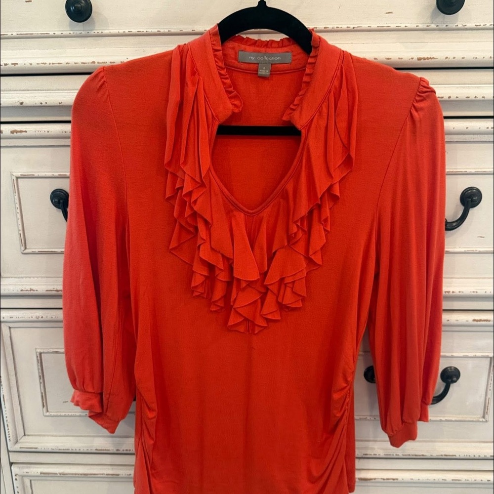 NY Collection Orange Ruffled 3/4 Sleeve Blouse